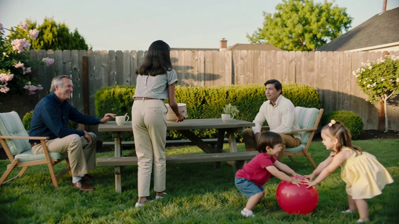 Preparing, adult woman carrying plate stack heading to backyard table, children pushing red ball