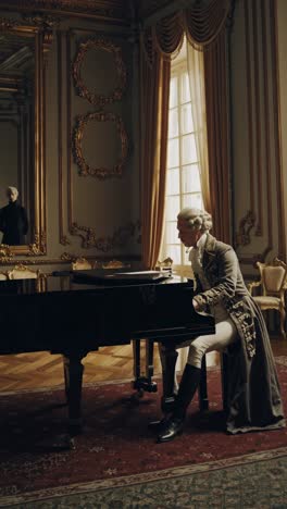 elegant period scene with a man in historical attire playing a grand piano