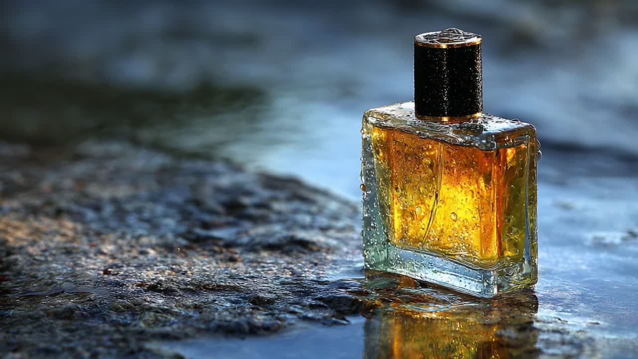 Primo piano di un flacone di profumo di lusso che mostra scintillanti riflessi liquidi e un design accattivante su uno sfondo naturale текстурированном
