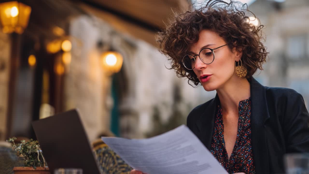 Focused Young Woman Analyzing Documents Outside a Café in a Cozy Atmosphere with Soft Lighting