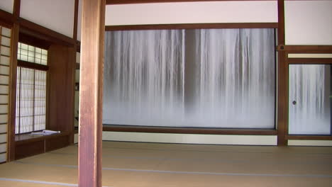 Pan-of-interior-of-a-Japanese-house-with-shoin-desk,-mural-and-fusuma