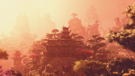 a tranquil asian temple nestled in vibrant mountain landscapes during sunset