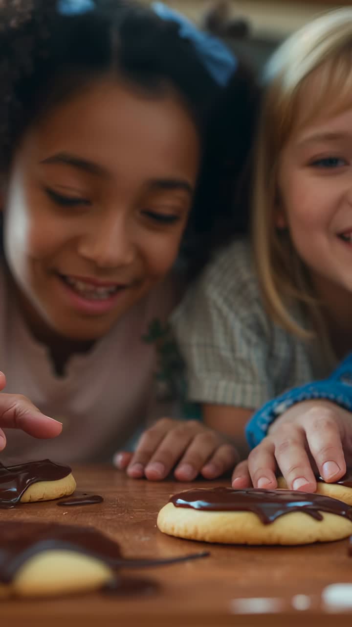 Vertical video: Leaning girl in pink top smiling ready to taste chocolate cookies at kitchen table