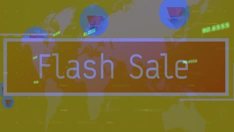 Animation-Der-Datenverarbeitung-Und-Flash-Sale-Text-über-Mediensymbolen-Und-Weltkarte