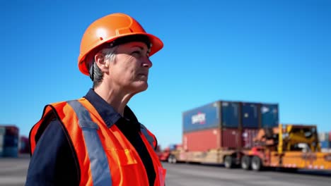 an overview of efficient logistics operations: a worker in safety gear directing cargo movement in a busy transportation yard