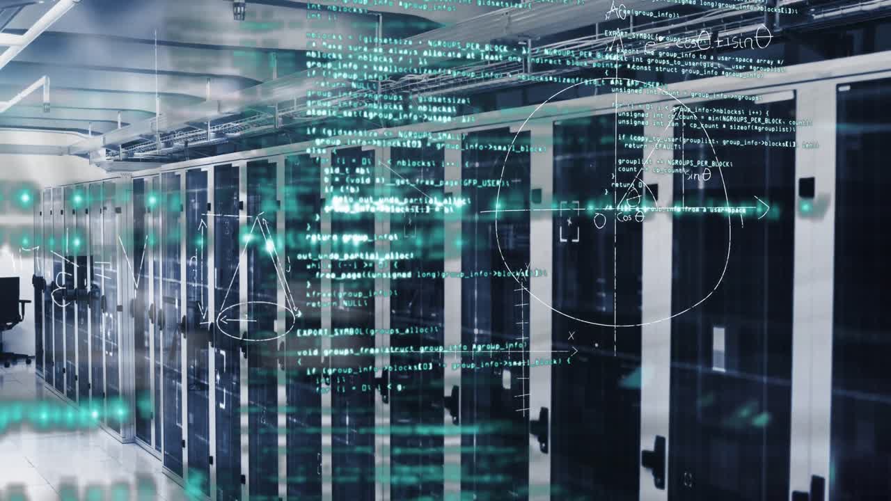 Mathematical equations and data processing against empty server room