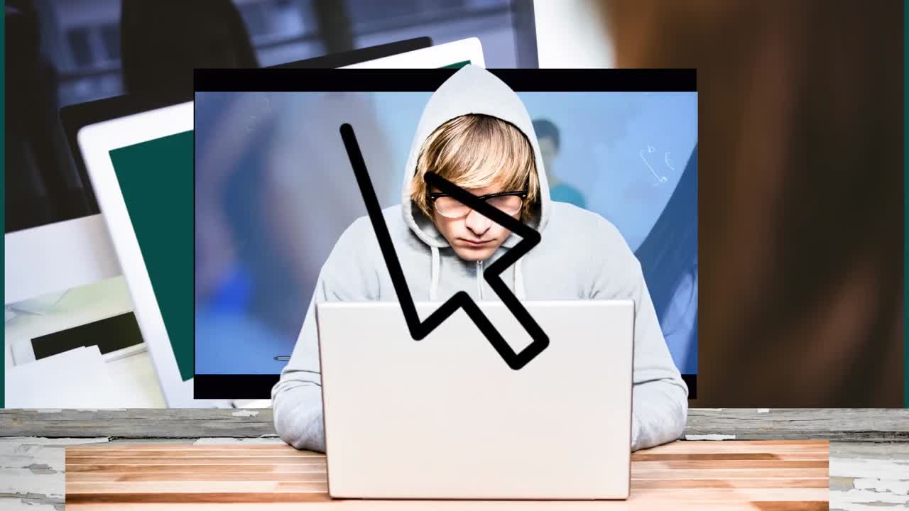 Animation of arrow over caucasian male programmer over screen