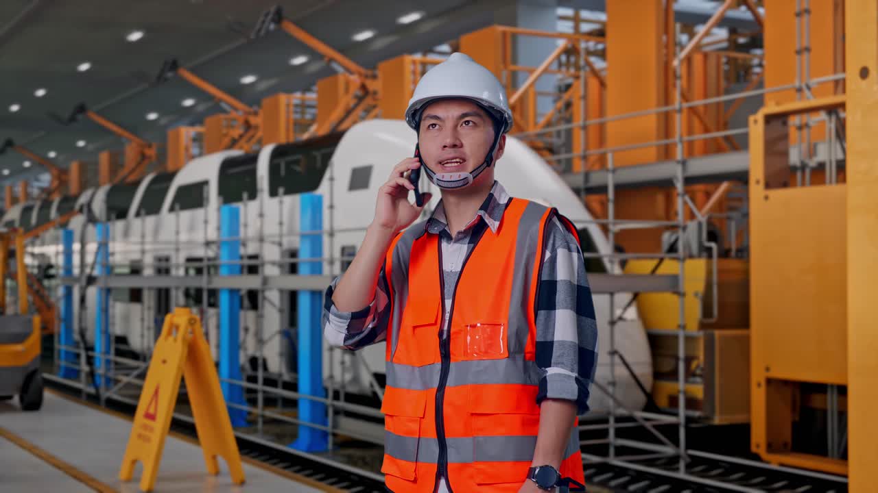Vista lateral de un ingeniero asiático con casco de seguridad hablando por teléfono mientras está de pie; ingenieros de mantenimiento de trenes en una estación.