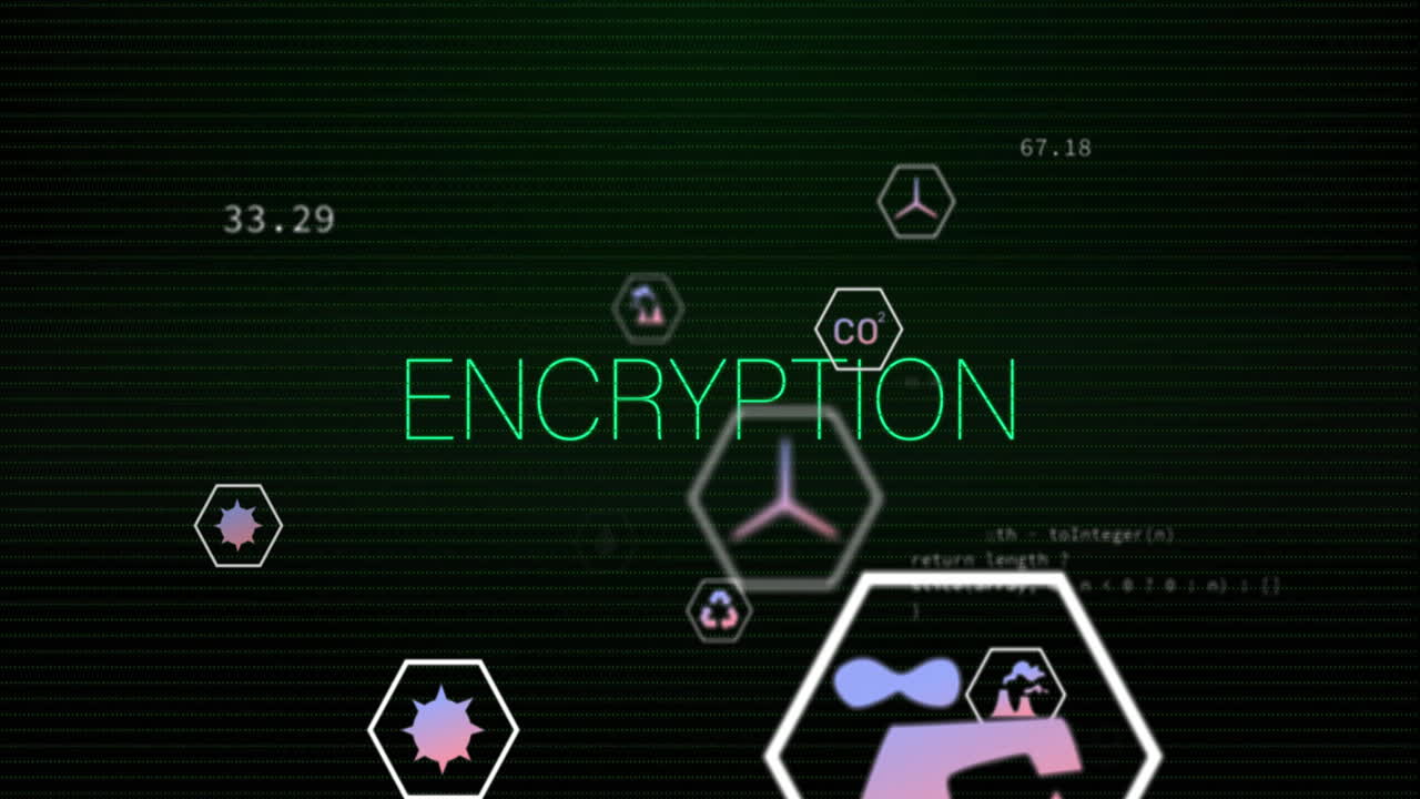 Neon?green ENCRYPTION text glowing at center, floating hexagonal icons circling dark green GUI