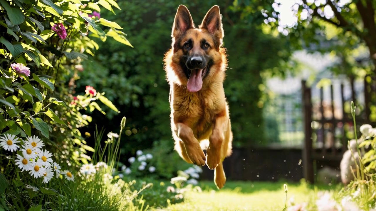 Güneşli Bir Bahçede Ağır Çekimde Koşan Oyuncu Alman Kurdu Köpeği