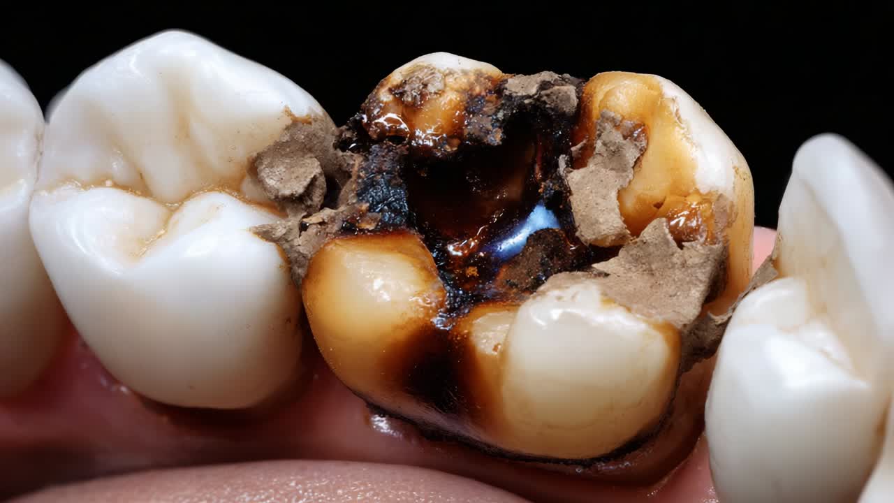 A Close-Up Exploration of Severely Decayed Tooth with Distinct Brown Stains and Cracked Surface, Illustrating the Adverse Effects of Neglect on Dental Health and Hygiene Practices