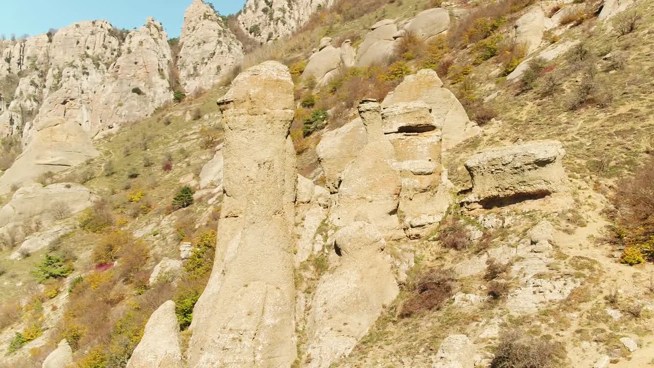 Mountainous rock formations in autumn