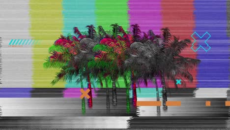 animation of diverse shapes and palm trees over tv screen with glitch