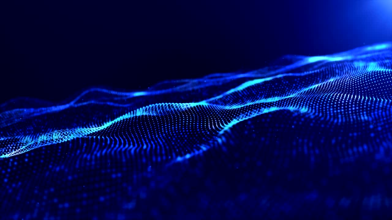 Abstract blue color digital particles wave motion background
