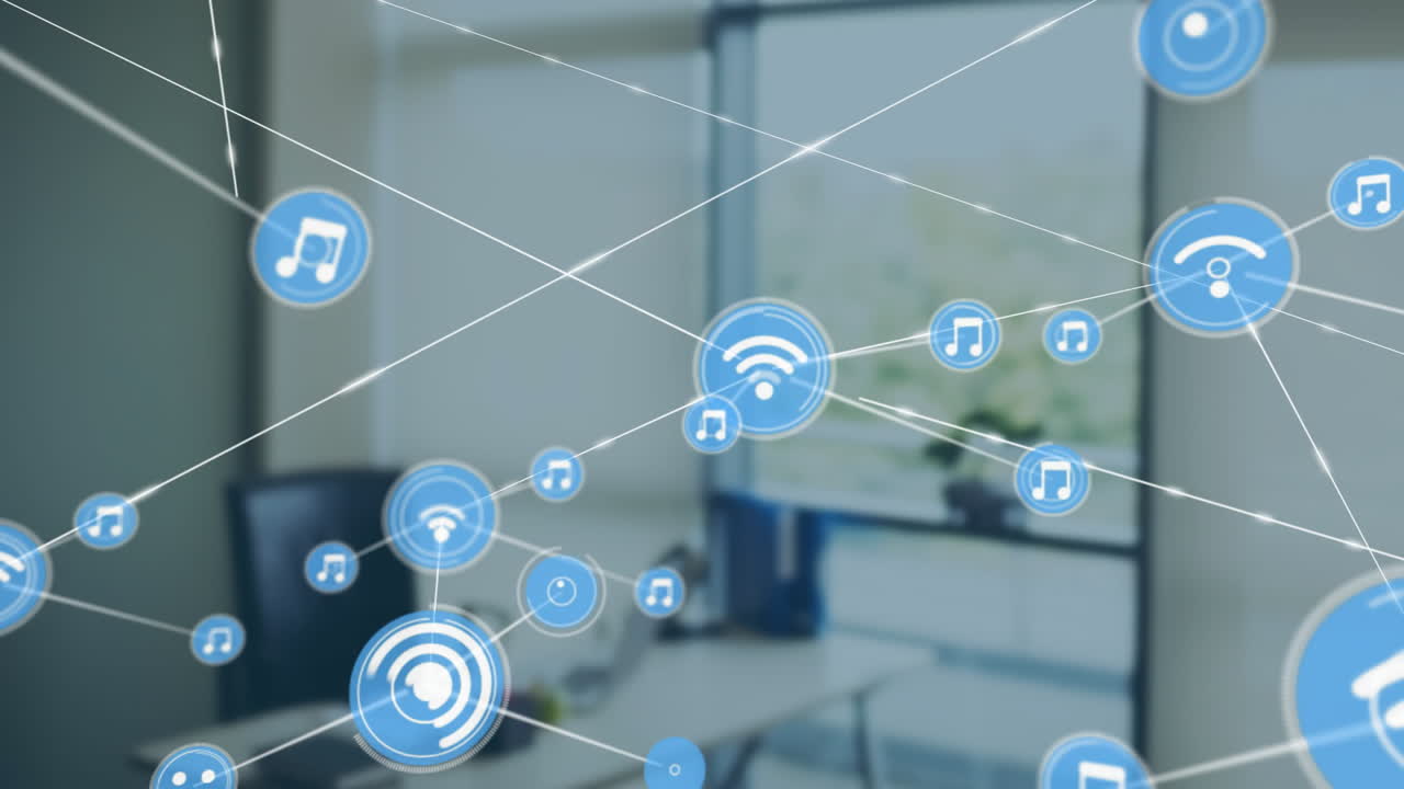 Animation of network of connections with icons over office