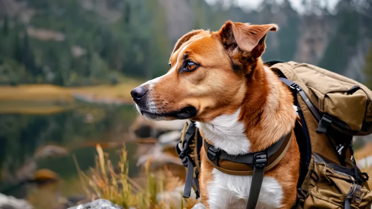 Un cane marrone e bianco con uno zaino seduto su una roccia