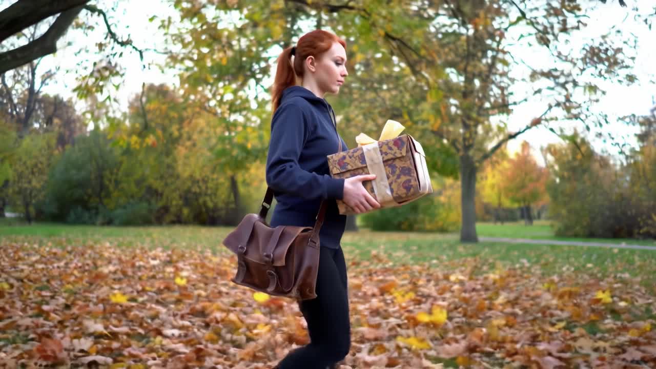 A young woman dressed in casual attire strolls through a park filled with fallen leaves, holding a beautifully wrapped gift. The vibrant autumn colors create a serene atmosphere as she walks.