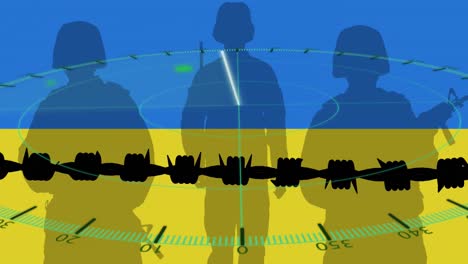 Animation-Von-Radar,-Soldaten-Und-Stacheldraht-über-Der-Flagge-Der-Ukraine