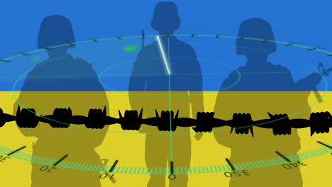 animación de radar, soldados y alambre de barber sobre la bandera de ucrania