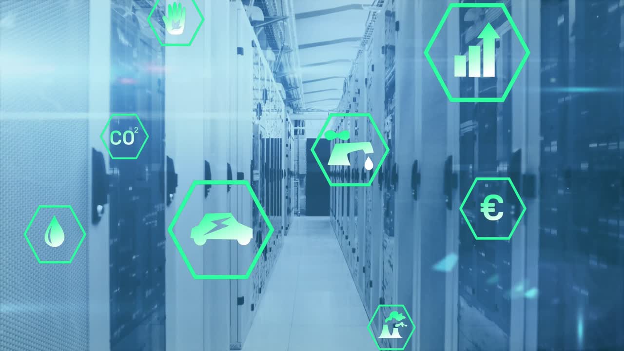 animación de múltiples iconos digitales, cuadrados de mosaico y punto de luz contra la sala del servidor de computadora