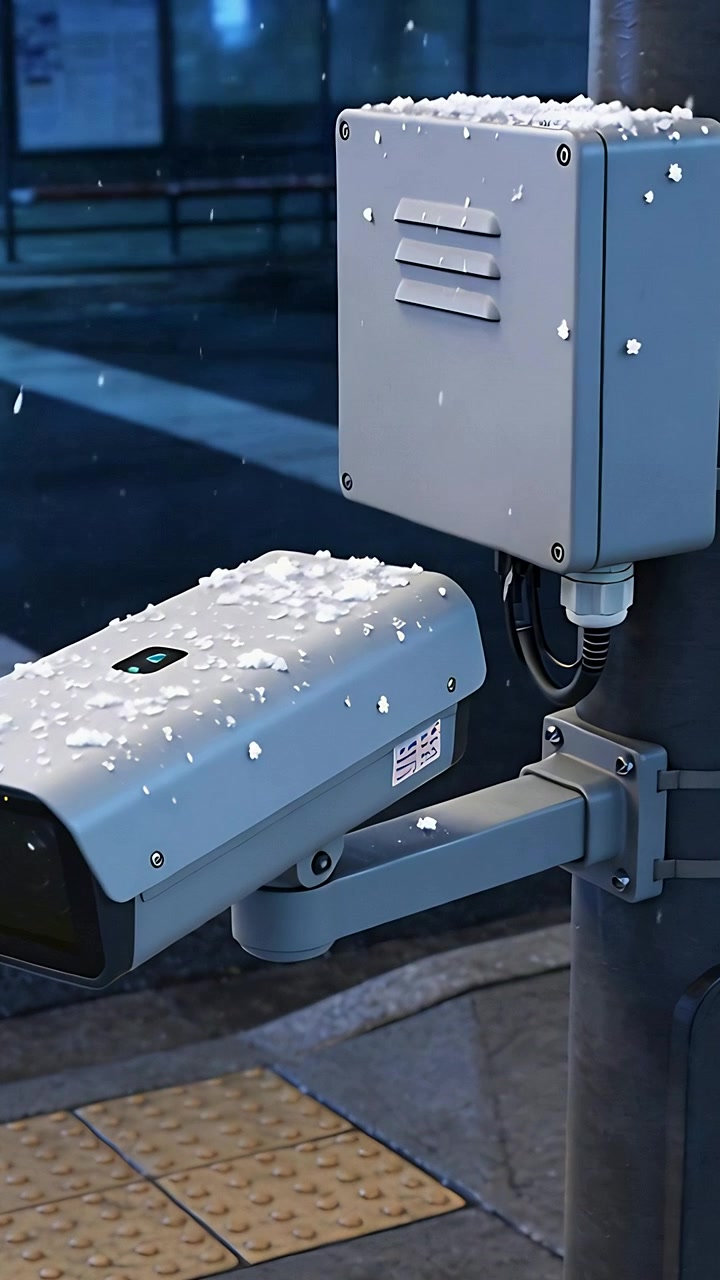 Video verticale: Neve che cade, telecamera di sorveglianza e scatola di giunzione che raccolgono neve sul marciapiede con piastrelle gialle