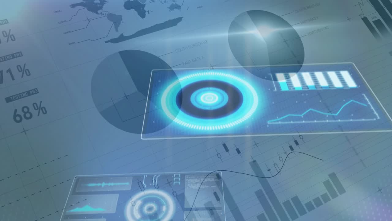 animación del escaneo del alcance y el procesamiento de datos financieros a través de pantallas y estadísticas