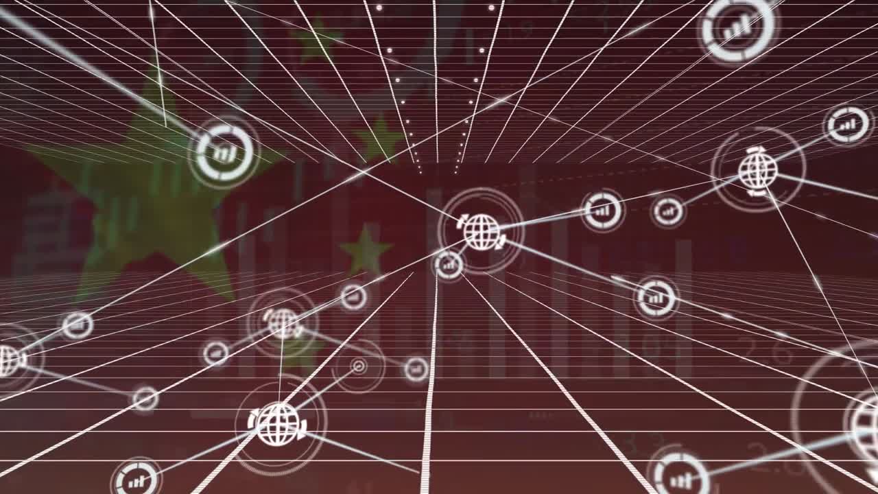 중국  ⁇ 발 위에 그리드 패턴으로 지구와 그래프 아이콘을 연결하는 디지털 선의 애니메이션