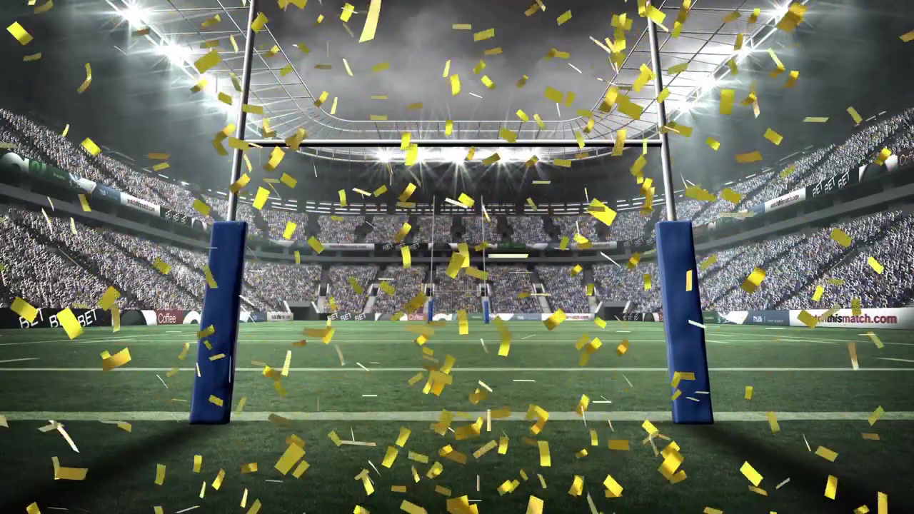 Rugby goalpost padding being displayed in stadium, with drifting golden confetti in flat design
