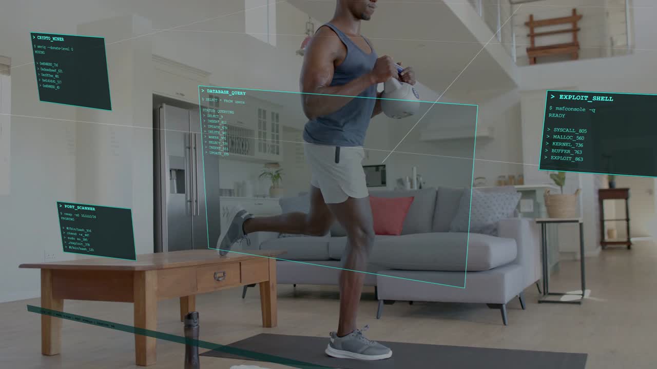 Man placing back foot on bench, doing kettlebell split squats for strength training, HUD tracking
