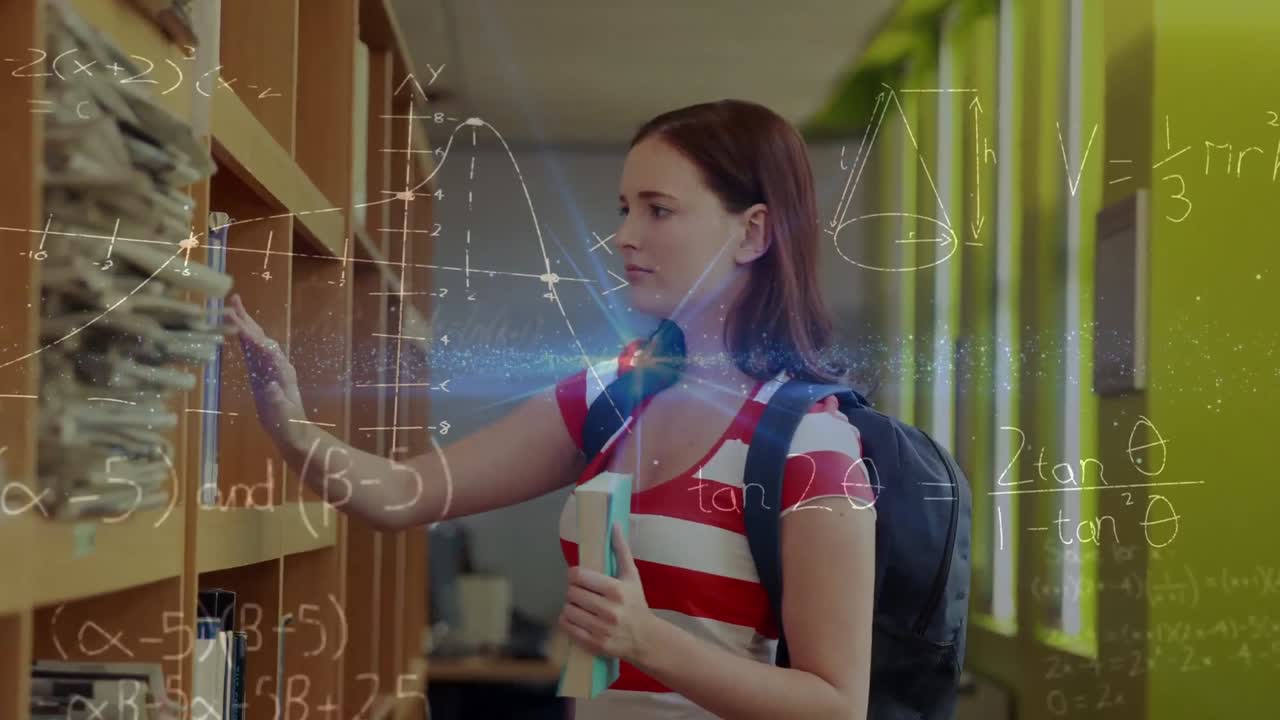 animación de fórmulas matemáticas sobre una estudiante caucásica