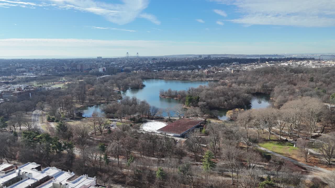 Horizontal drone orbit shot over Ocean Ave in Brooklyn, showcasing New York’s vibrant streets, urban charm, and dynamic skyline with a smooth aerial rotation.