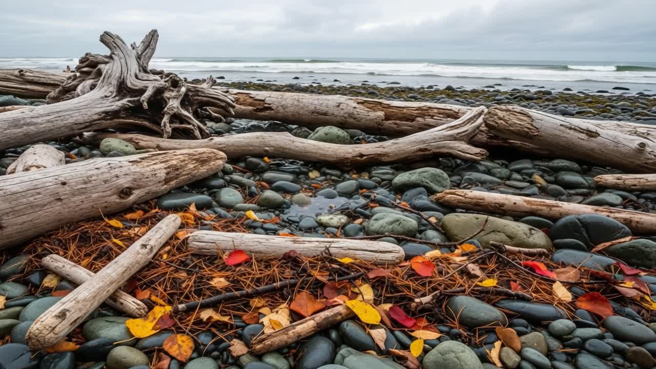 A Serene Coastal Scene Featuring Weathered Driftwood and Colorful Autumn Leaves on a Pebbled Shore with Rolling Waves Under a Gloomy Sky