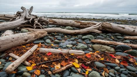 a serene coastal scene featuring weathered driftwood and colorful autumn leaves on a pebbled shore with rolling waves under a gloomy sky