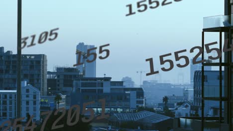 도시 풍경 위의 숫자 애니메이션과 데이터 처리