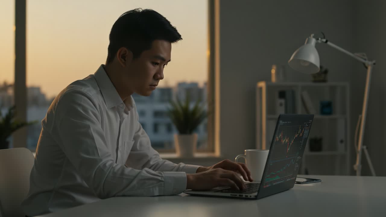 Focused Professional Analyzing Financial Data on Laptop During Sunset, Emphasizing the Importance of Time Management and Productivity in a Quiet Workspace