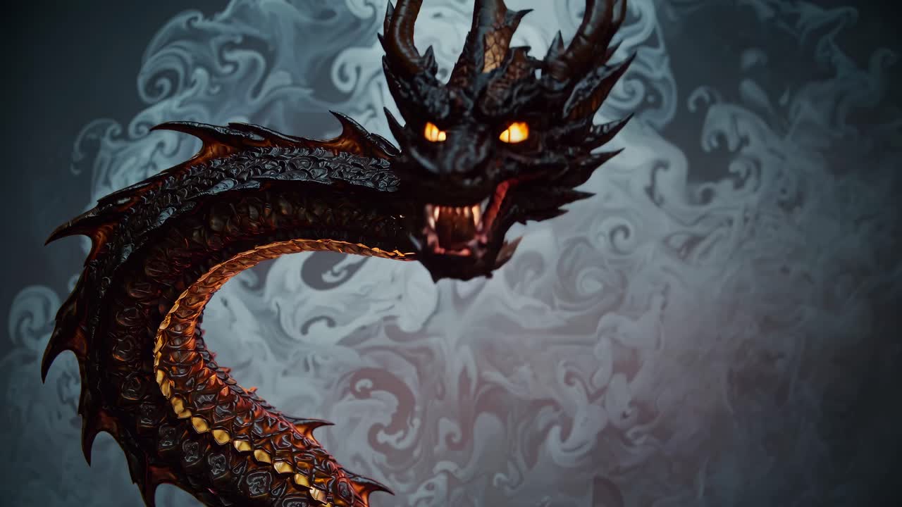 A dark, mythical dragon with glowing eyes and intricate scales, captured in a close-up angle