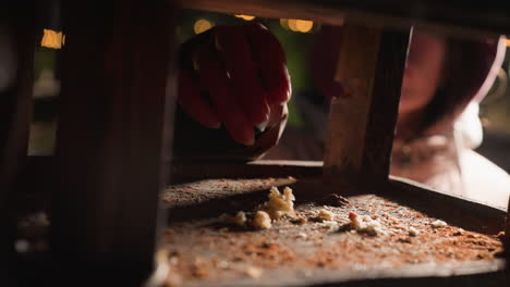 close-up partial view of individual hand dropping bird feed in wooden bird feeder with crumbs and grains on surface, blurred background with soft bokeh lights in winter evening park