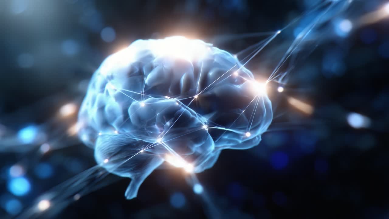 Una rappresentazione 3D visivamente sbalorditiva di un cervello umano interconnesso da percorsi neurali luminosi e sinapsi illuminate, che mostra le complessità della nostra cognizione