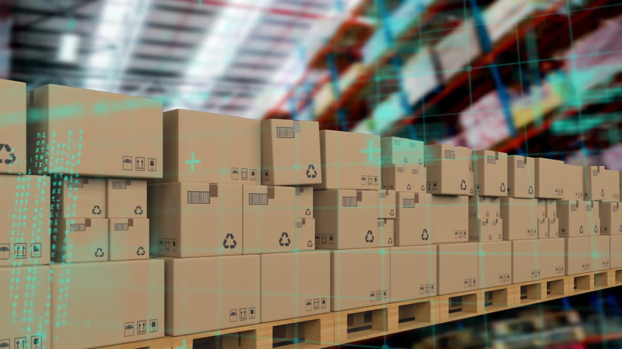 animación del procesamiento de datos sobre pilas de cajas de cartón en cinta transportadora en el almacén