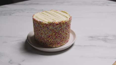 studio shot of birthday cake covered with hundreds and thousands decorations 7