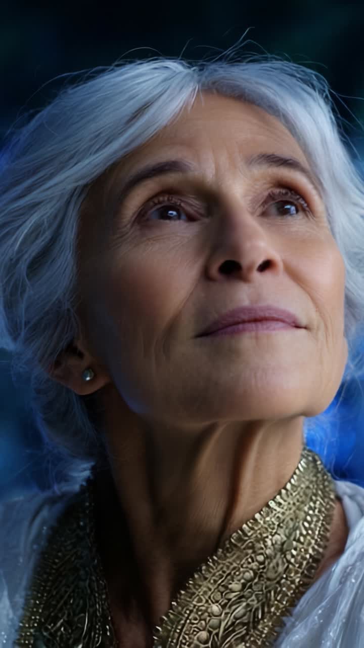 A wise elder with silver hair gazes thoughtfully upwards, exuding grace and wisdom while adorned in intricate jewelry, surrounded by a serene and ethereal backdrop