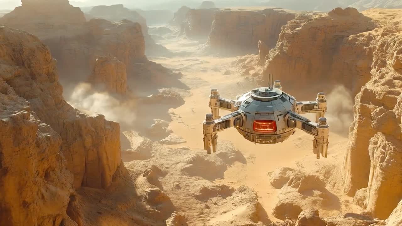 A spaceship flying over a desert landscape