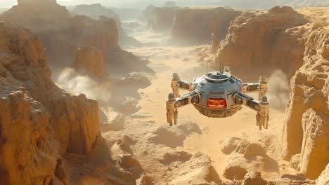 a spaceship flying over a desert landscape