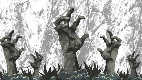 animación de espeluznantes manos de zombies de halloween sobre un fondo en movimiento blanco y gris