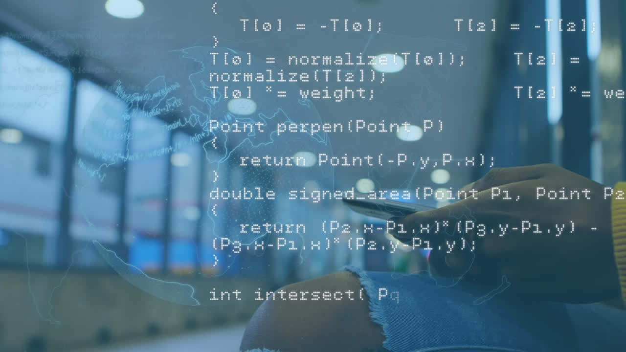 Animation of data processing and globe over african american woman using smartphone