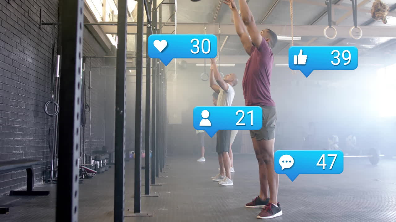 Exercising in gym, people surrounded by animation of social media notifications