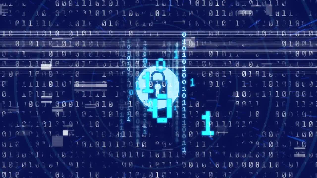 Animation of data processing and padlock icon on blue background