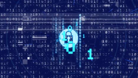 Animation of data processing and padlock icon on blue background