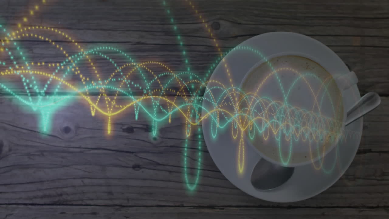 Animated illustration showing top-down coffee cup on wooden table with glowing audio waveforms