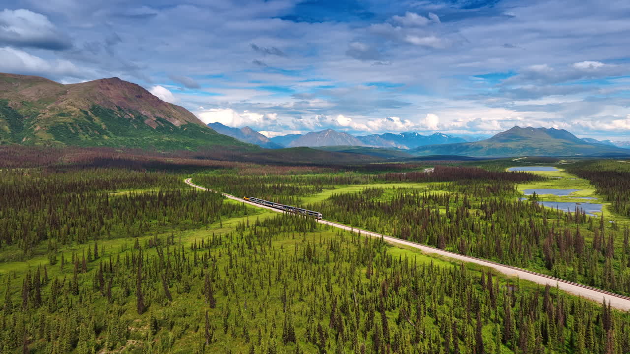 Catching up with train travelling along the wooded valley. Drone footage over the stunning nature landscape of Alaska surrounded by the picturesque mountains